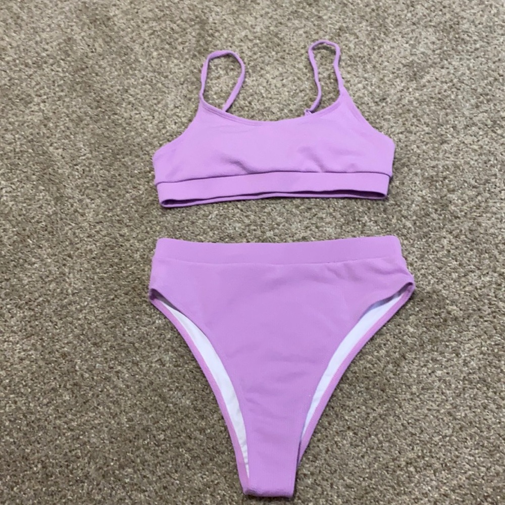 Popvil U-Neck Rib-Knit Purple Bikini Set